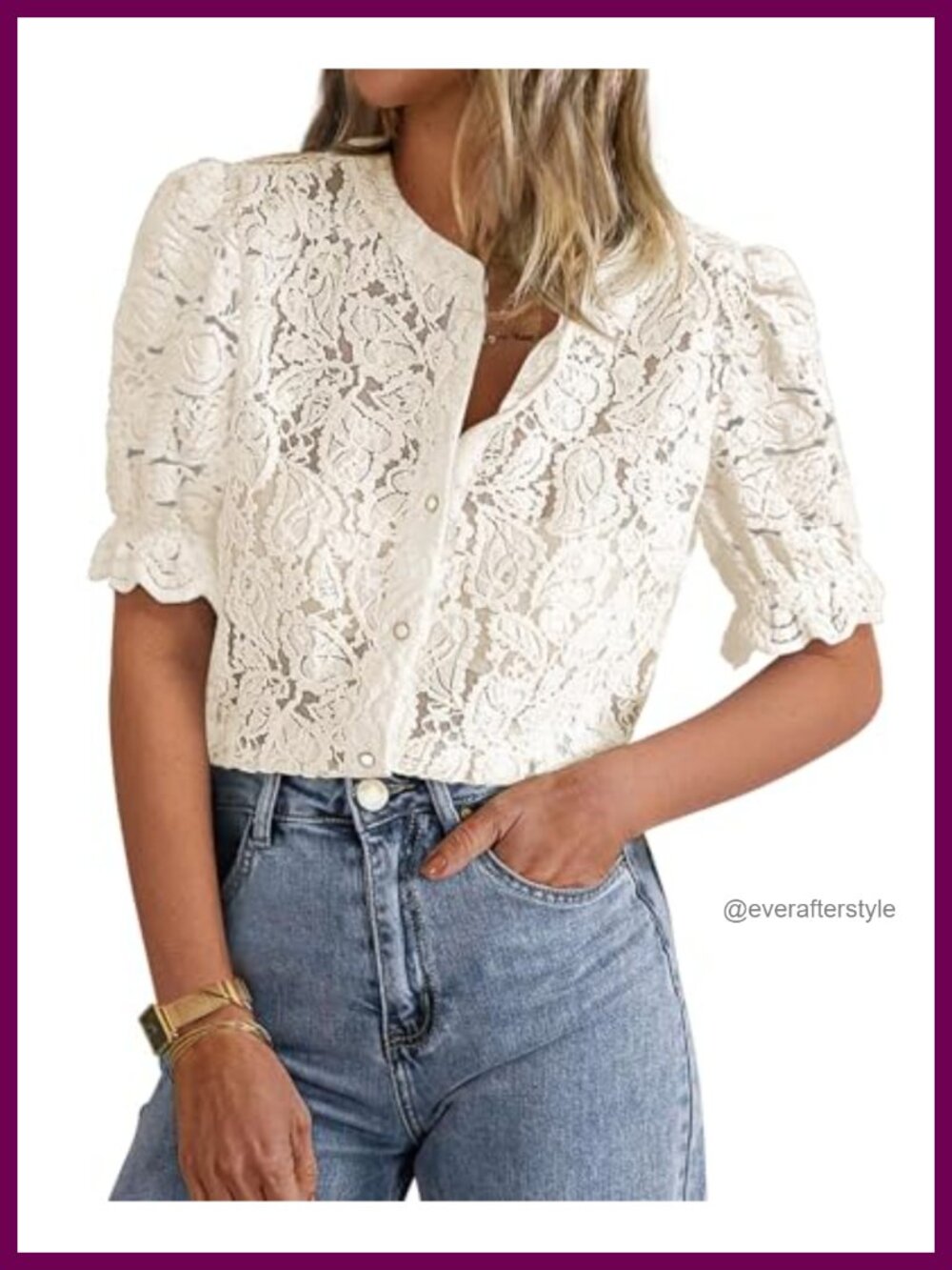 Womens Lace Button Down Short Sleeve Blouse Sheer Eyelet Puff Sleeve Top